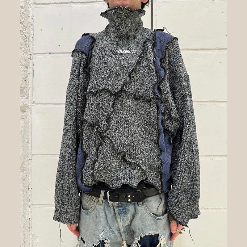 DIZNEW Custom high neck patchwork men sweater Oversized luxury brand sweater custom logo