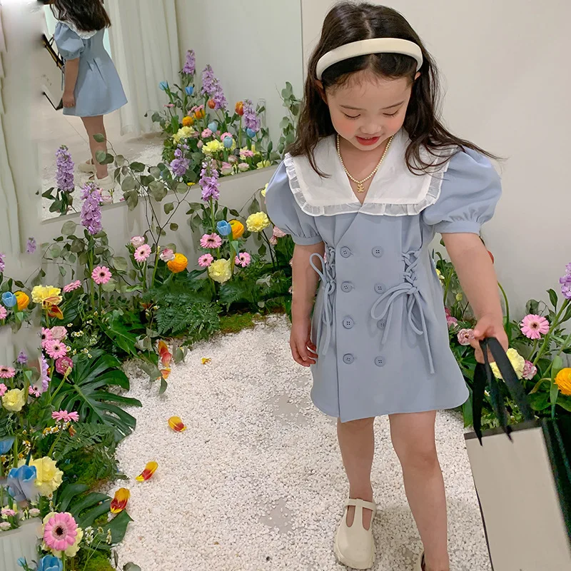 2023 New fashion toddler Girls puff sleeve solid v neck lace up dress Girls sweet princess dress