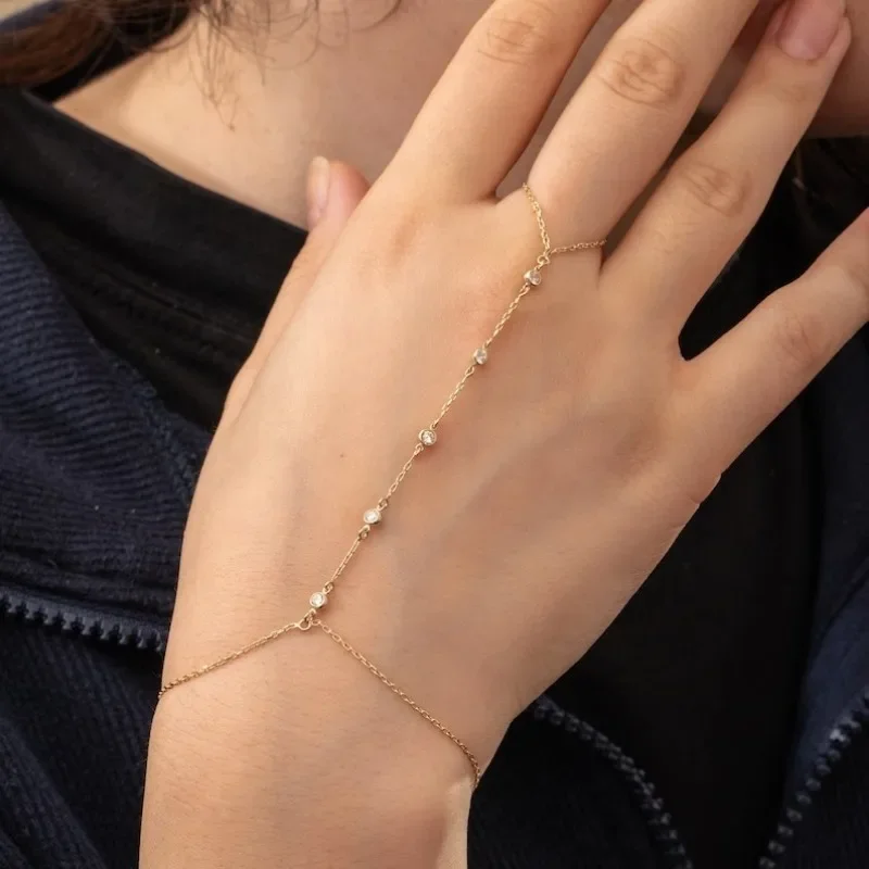 Factory Price Fashion Minimalist Gold Plated Zircon Finger Chain Bracelet Stainless Steel Handmade Chains Bracelet with Ring