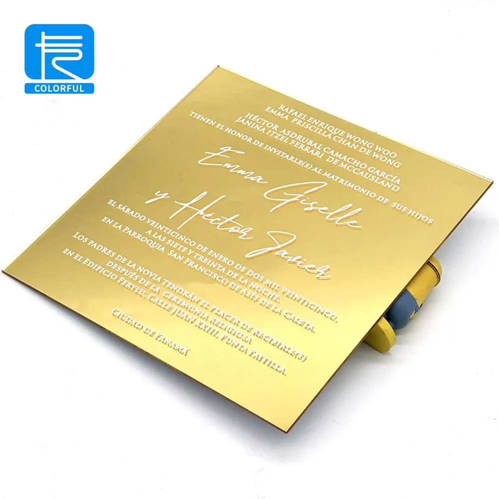 Luxury Custom Logo Design Unique Clear Acrylic Card Gold Foil Mirror Finish Wedding Invitations card With Envelope and Wax Seal