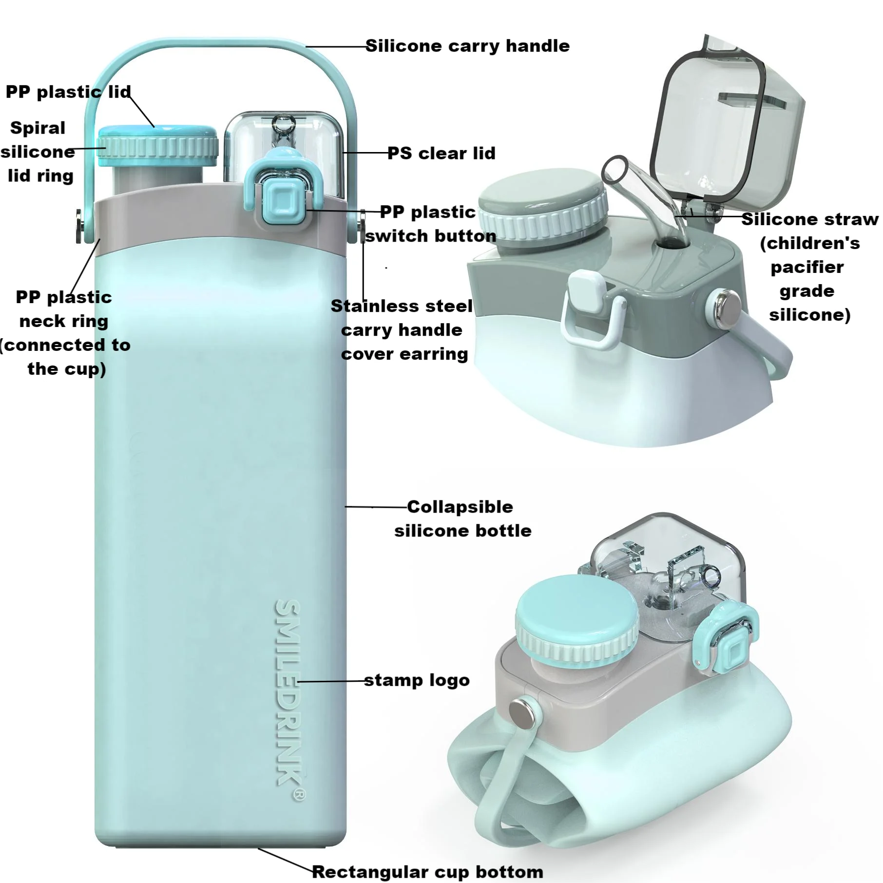 Multiple Colors  Available Silicone Water Bottle Travel Gym Sports Collapsible Water Bottle with Straw