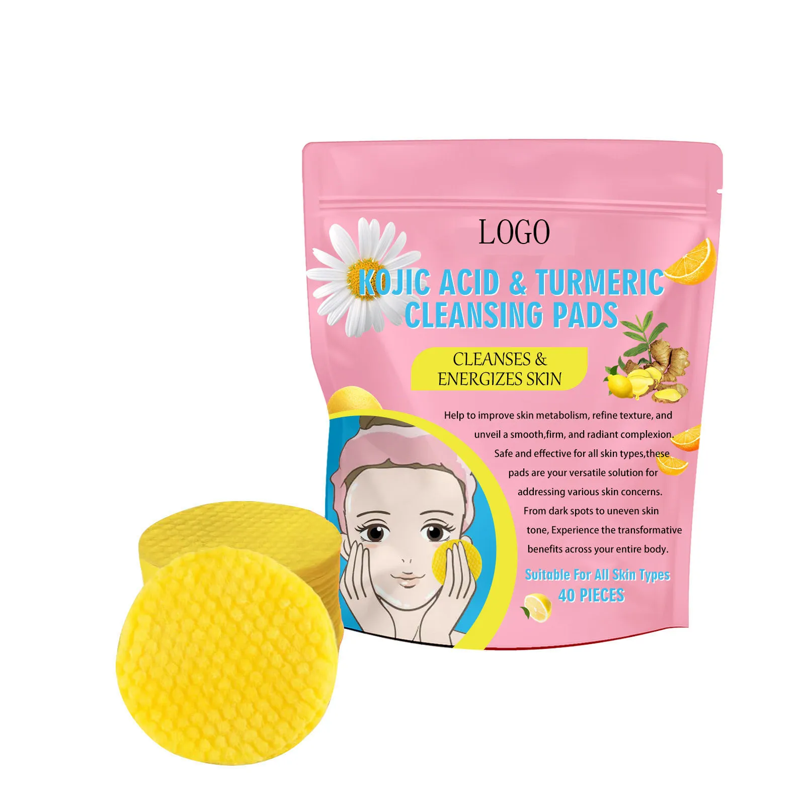 Hot Selling Cleaning Skincare Treatment Kojic Acid And Turmeric 40 Pads Custom Cleansing Pads For Face Dark Spots