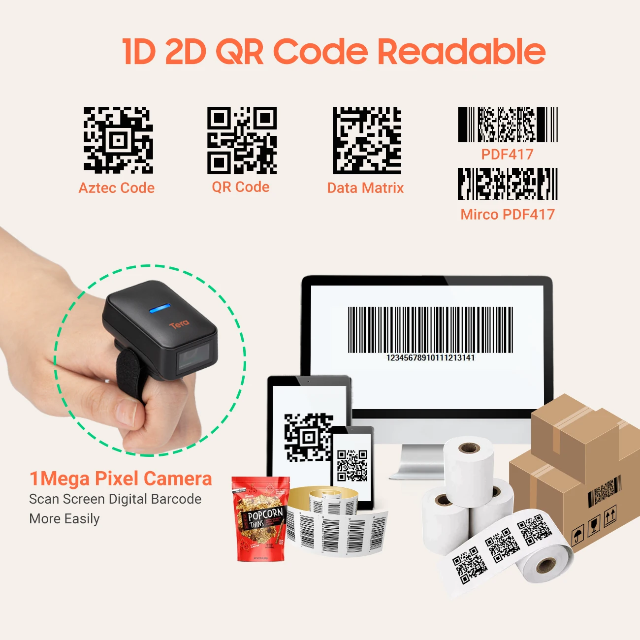 Tera Pro Portable Finger Barcode Scanner Wired&Wireless&Blue tooth 1D 2D QR Mini Barcode Scanner Wearable with Vibration HW0010