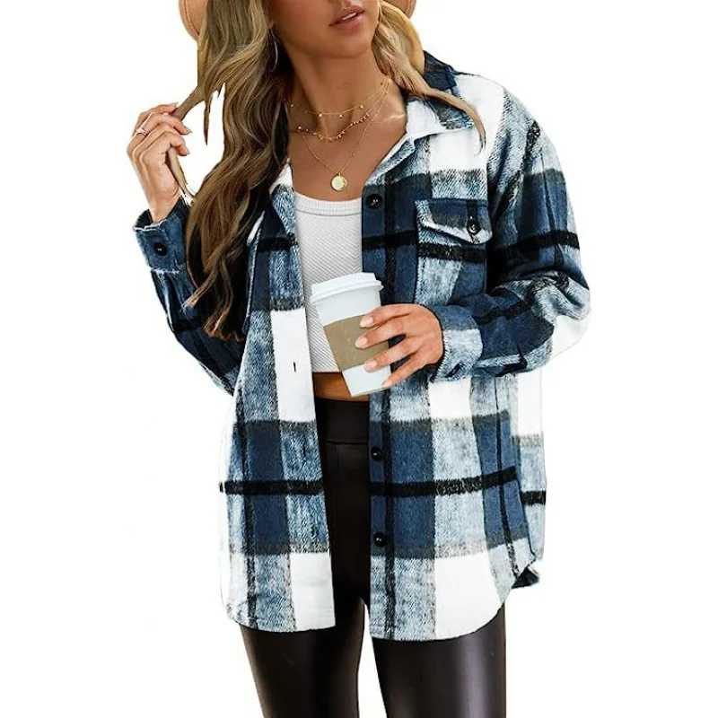 Vintage Stylish Pockets Oversized Plaid Jacket Coat Womens washed Plaid Shirts Button Down Flannel Long Sleeve Shirts Jackets
