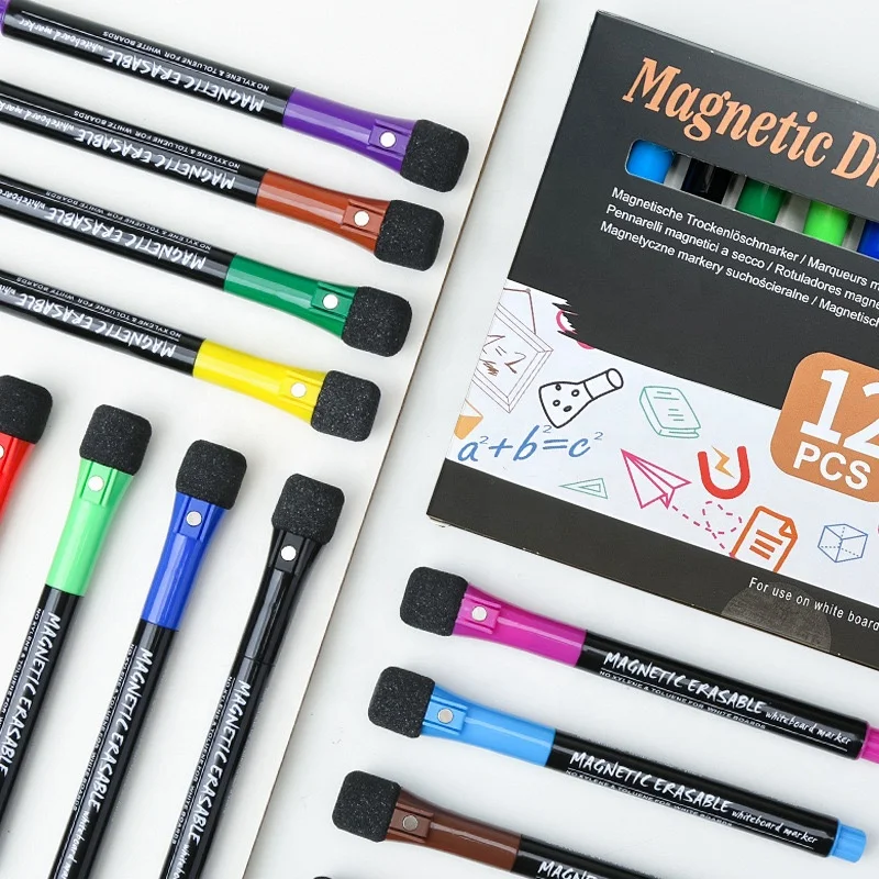 12 colors Magnetic Dry Erase Markers Fine Tip Low Odor Whiteboard Marker with Eraser for Office School