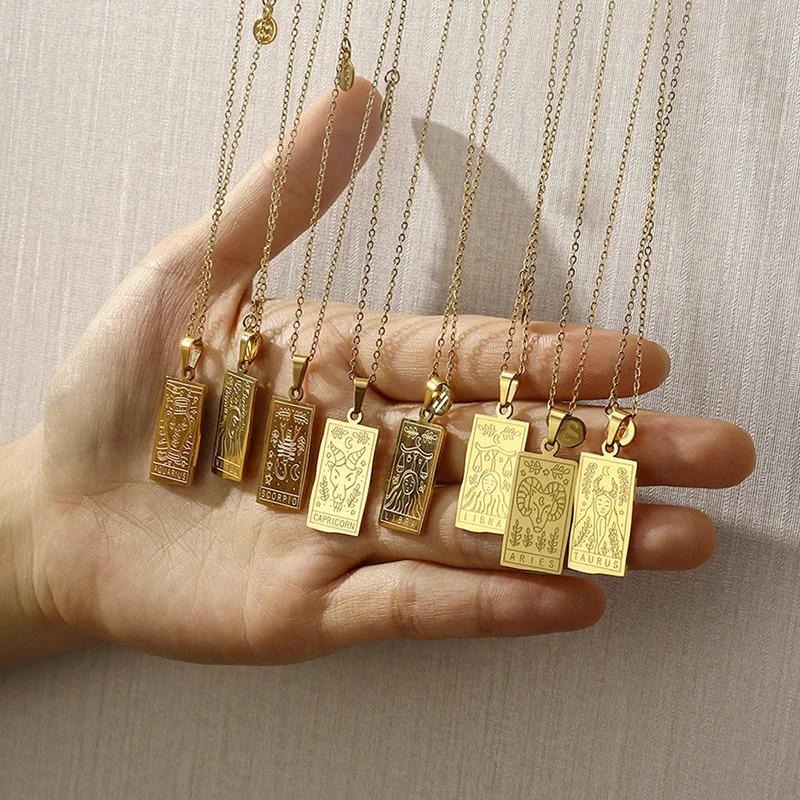 Винтажные ювелирные изделия из нержавеющей стали PVD 18K позолоченный прямоугольник Гороскоп Кулон звезда знак животных кулон ожерелье
