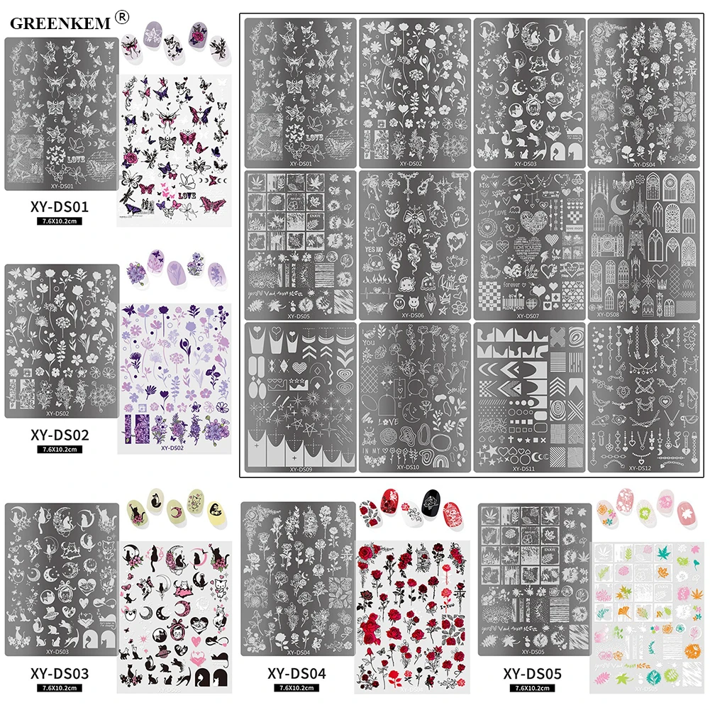 Custom Stainless Steel Square Nail Stamping Plates Leaf Moon Cat Skull Rose Nail Art Stamping Plate
