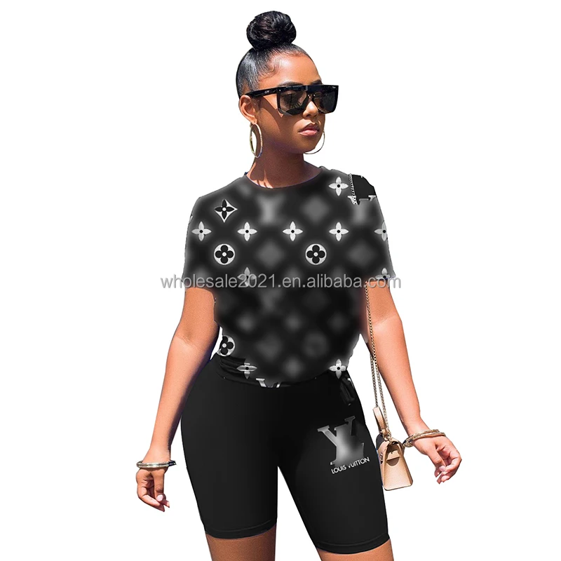 
2021 Hot Sale Summer Fashion Casual Trend Solid Color Printing Comfort Slim Short Sleeve Short Sets For Women Wholesale 
