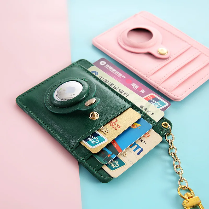 Hot selling  with key chain Airtag tracker protective sleeve PU leather card wallet slim with ID card clip card holder