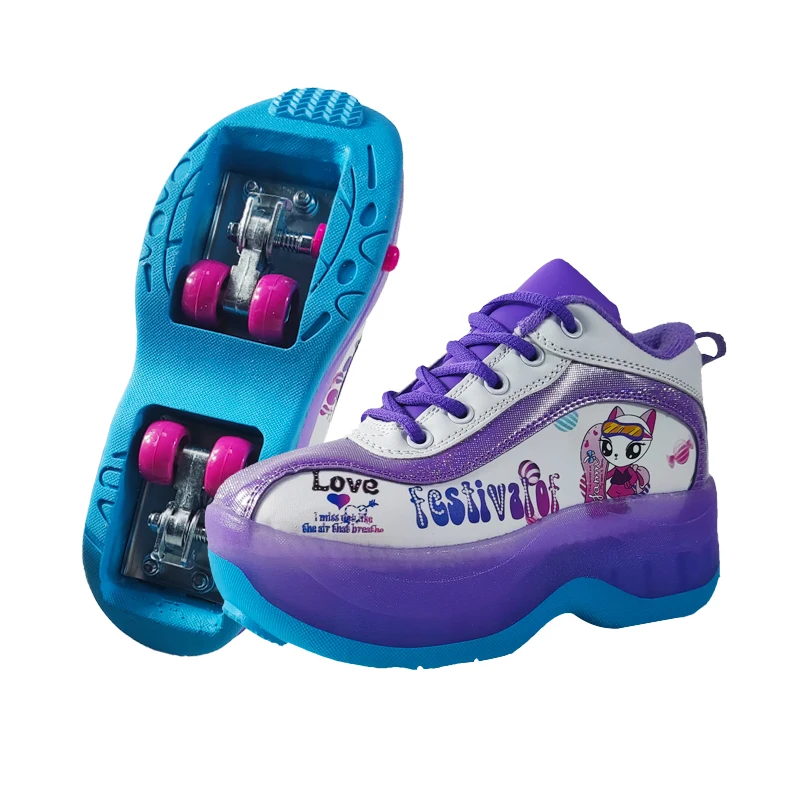 Factory Sales Kids LED Light Up Deformation Roller Skates Shoes Sneaker with Wheels for Children