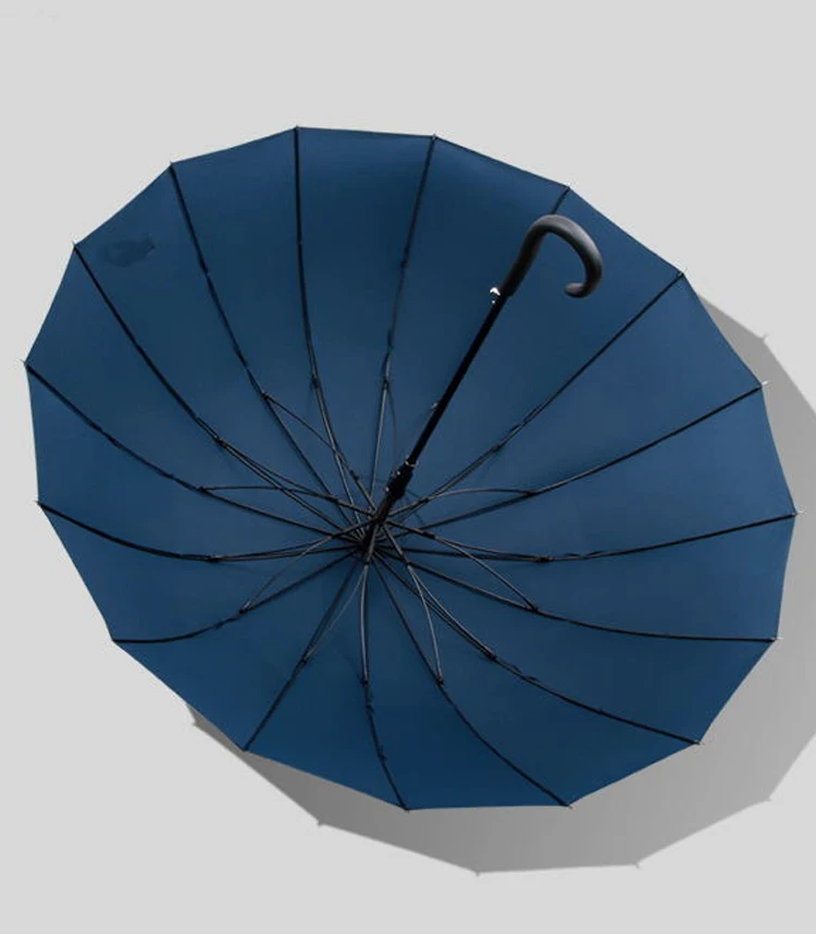 Wholesale fiberglass frame wind proof 16 rib umbrella straight with logo custom print with cuvred handle