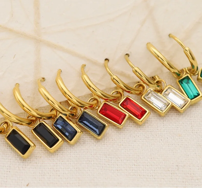 316l Stainless Steel 18K Emerald Baguette Hoop Earrings Huggie Hoops Small Green Stone Crystal Thin Gold Earring Minimalist