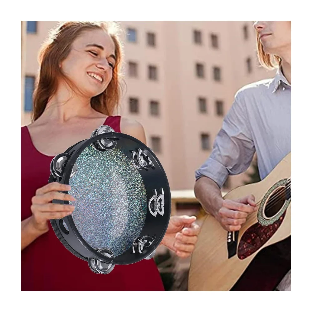 JELO JY-1 8-Inch Double Rows Radiant Tambourine Wooden Handbell with Shining ABS Drum Head Hand Drum Percussion