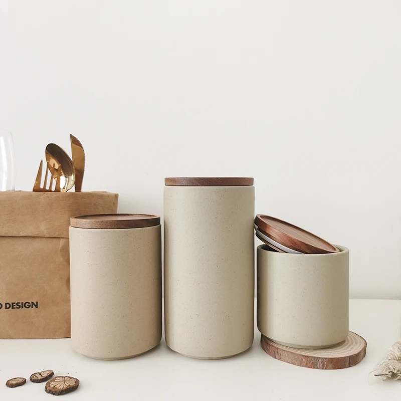 Porcelain Custom Kitchen Food Snack Tea Coffee Bean Sugar Ceramic Candy Cookie Canisters Tray Storage Jar With Wooden Lid Set