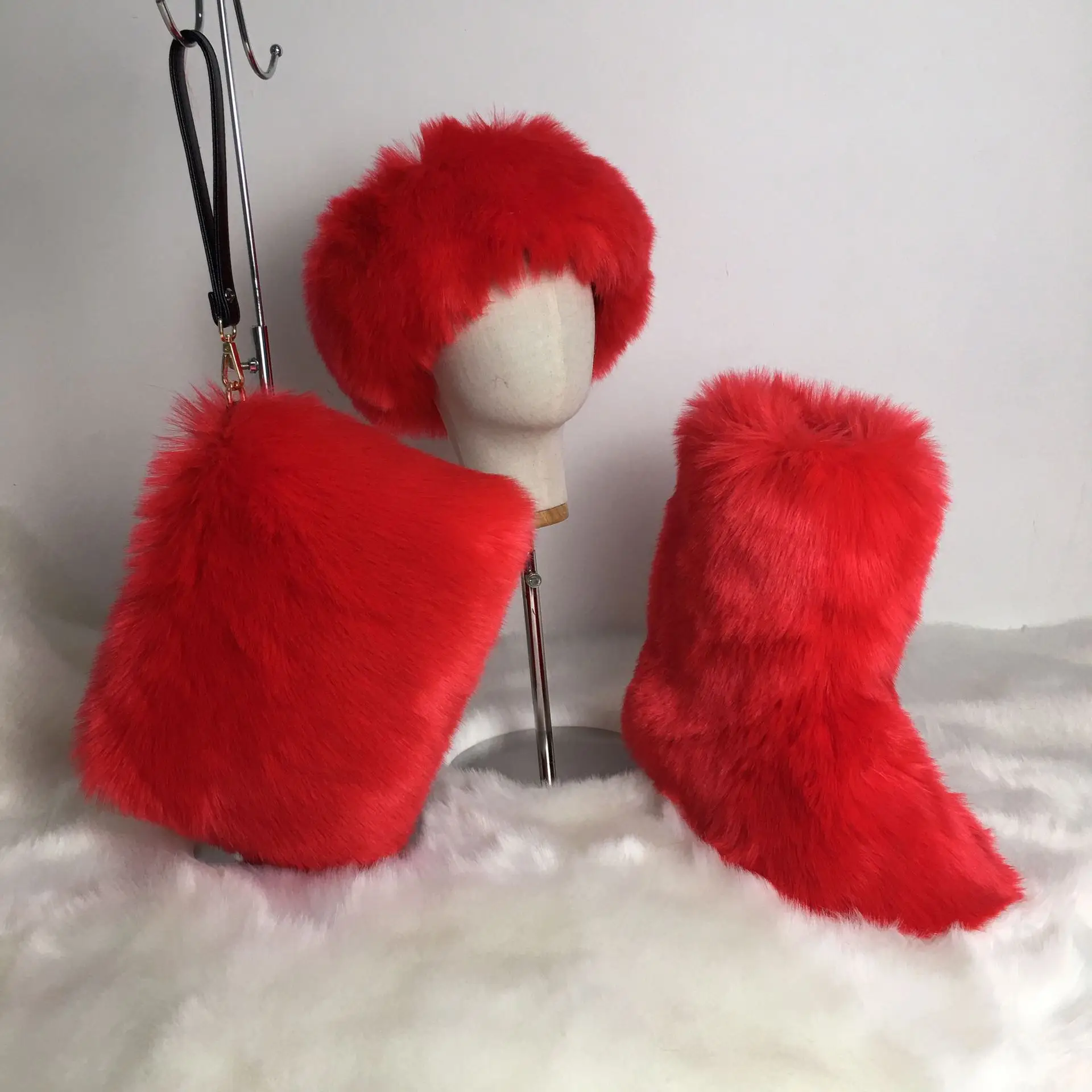 padding high neck lined women ladies winter warm ankle faux fox fur hat red fur boots