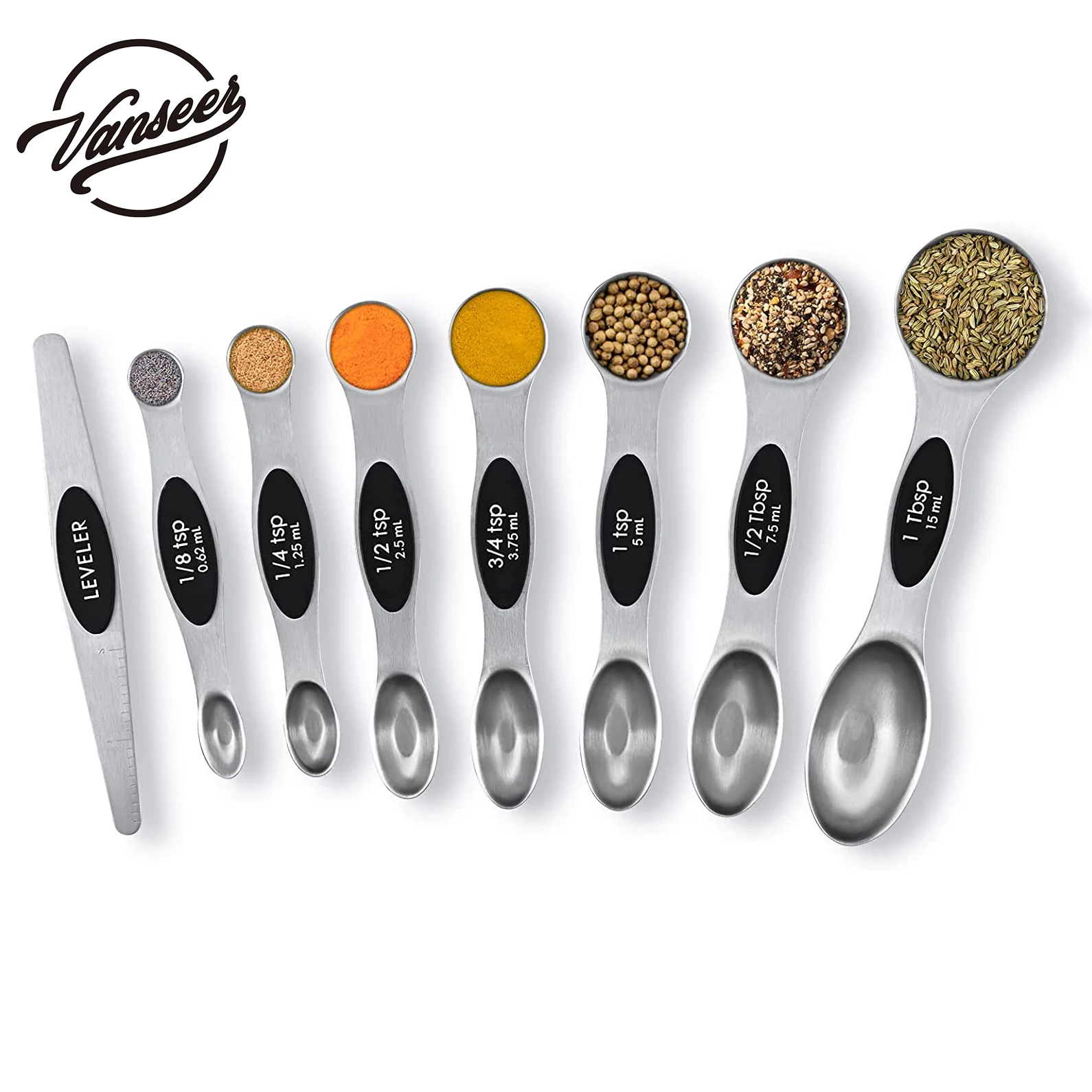 Wholesale Kitchen Gadgets SUS Measuring Tool 8 set Fits in Spice Jars Black Magnetic Measuring Spoons Set
