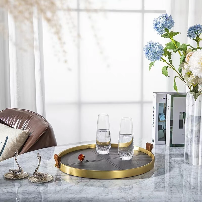 Hotel storage tray customised light luxury gold  brass tray upscale metal hotel serving round hotel amenities tray