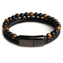 Punk Tiger Eye Lava Men Natural Stone Bead Stainless Steel Magnetic Clasp Black Genuine Leather Bracelet