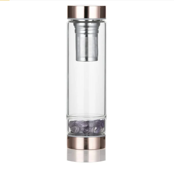 Healing Crystal Water Bottle Crystal Infused Water Bottle Glass Water Bottle with Crystal Inside and Gem Stones