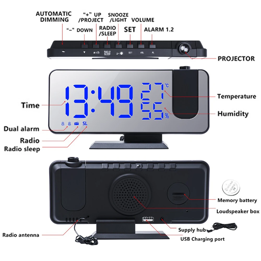 0-100% Dimmer 180 Rotatable USB Rechargeable LED Digital Projection Electronic Alarm Clock with Time Projector and FM Radio