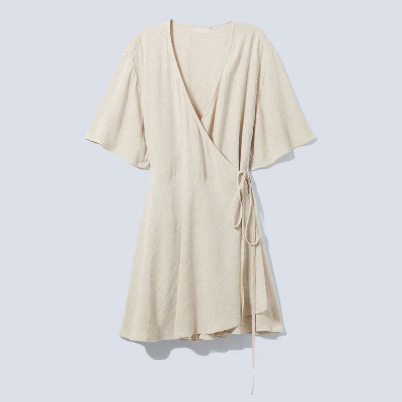 Custom Ladies Loose Fit Linen Mix Wrap Dresses Casual V Neck Belted Wide Sleeve Dresses Women Summer Daily Dress Suppliers