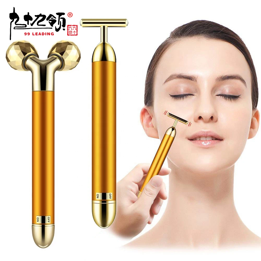 Custom 2 In 1 Energy Face Massager 24K Golden Pulse Vibrating Facial Lift Tool Electric 3D Roller Beauty Bar
