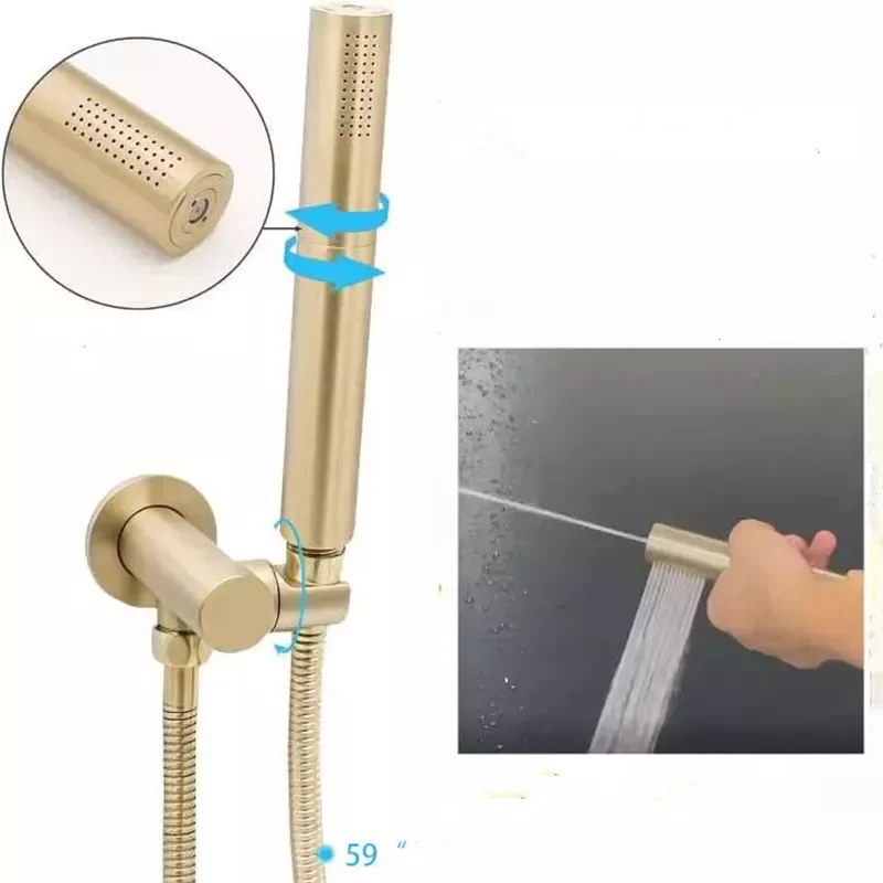 Led Brushed Gold 3 Functions 12 Inch Round Rainfall Rain Ceiling Shower Bathroom Thermostatic Concealed Shower Set