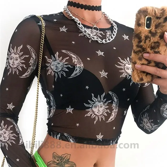 Женская одежда со звездами/луной/солнцем короткий топ из сетчатой ткани с длинными рукавами топы для