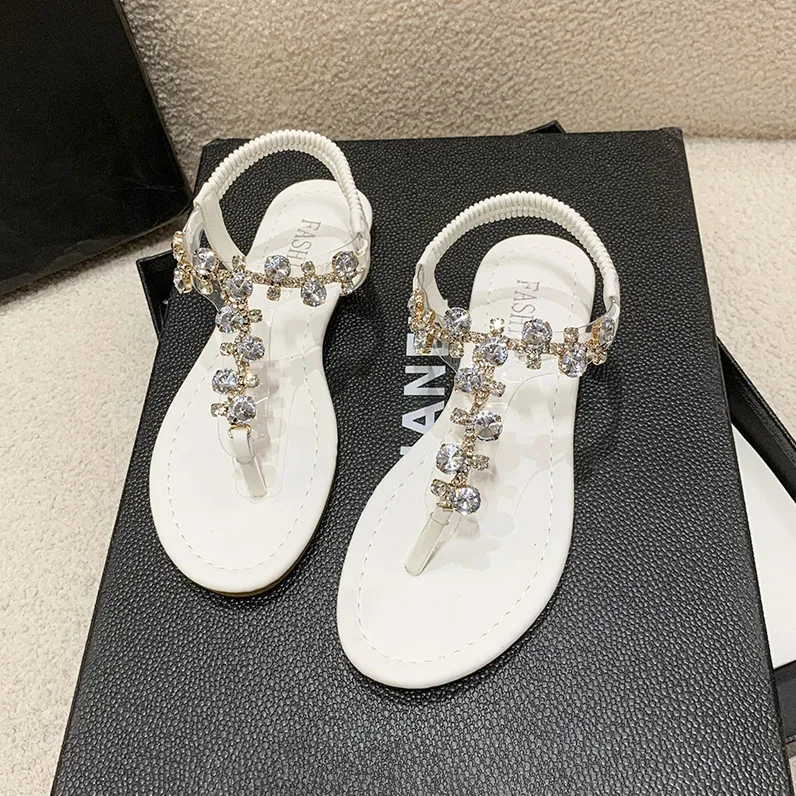 Summer Woman Flat Sandals Fairy Style Rhinestone Chain Thong Flats Bottom Clip-on Girl OuterWear Fashion Beach Shoes