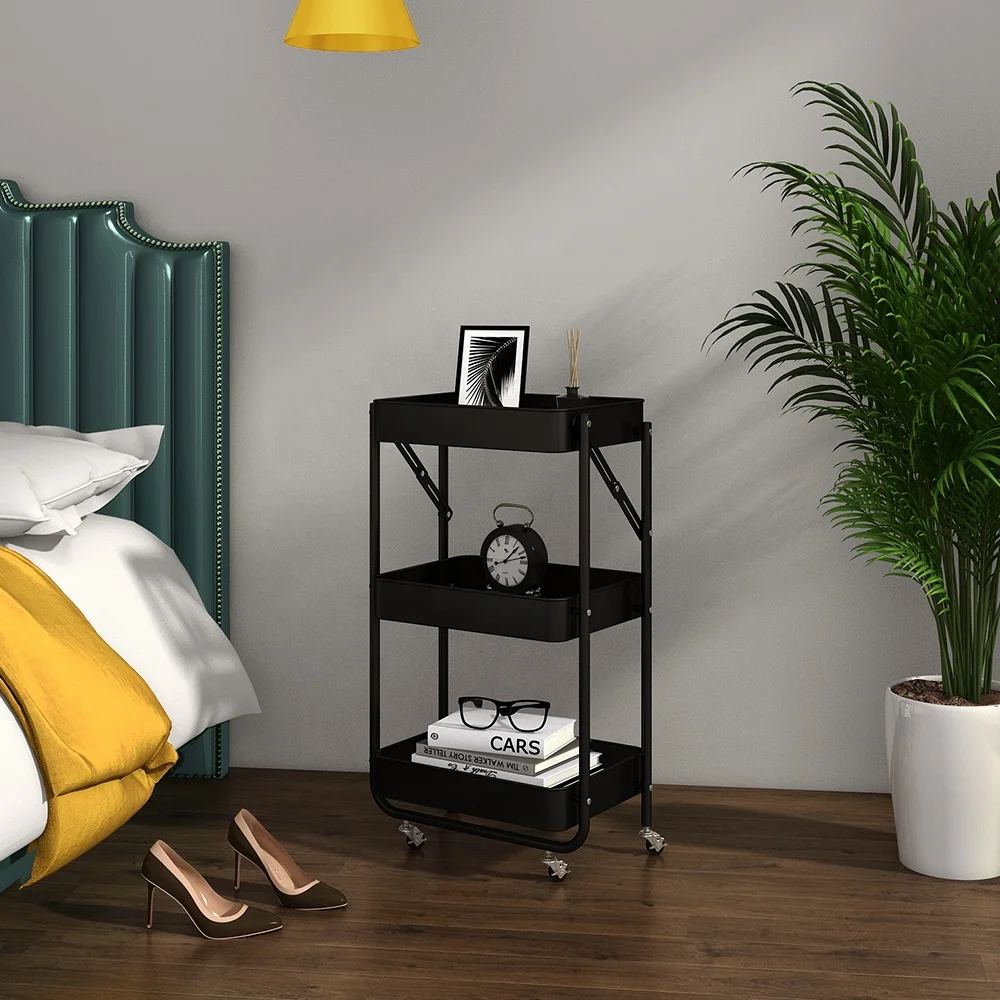 Modern Metal Folding Storage Kitchen Rack Storage Foldable Kitchen Trolley With Wheels