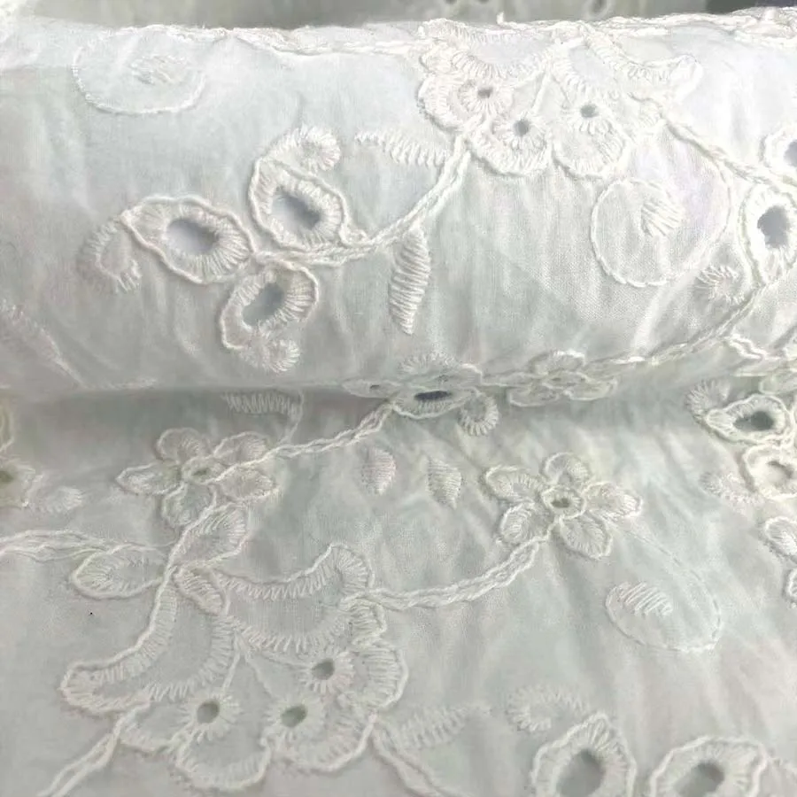 White 100% Cotton Eyelet Machine Embroidered Special Cording Embroidered Voile Fabric for Daily Ues Wedding