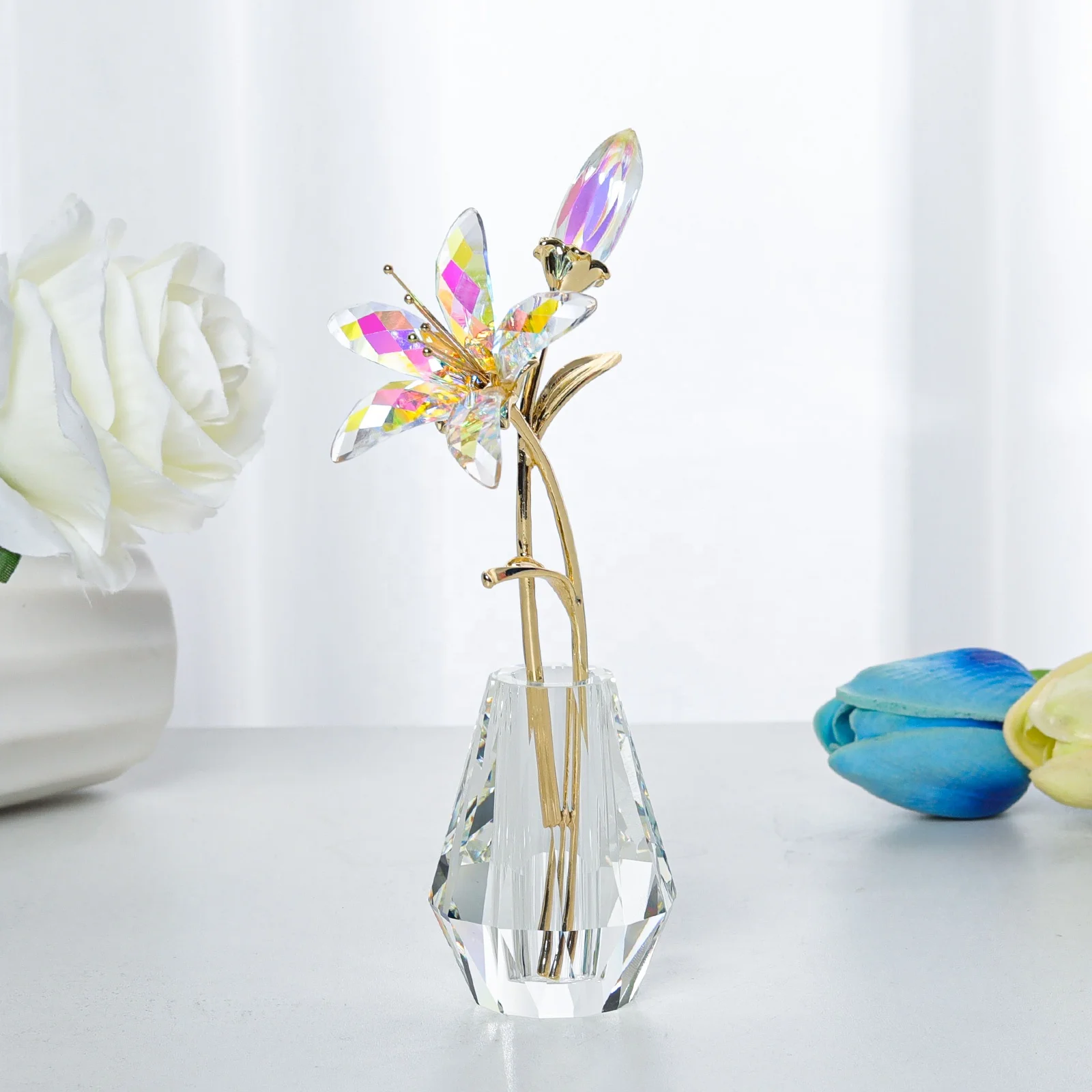 LONGWIN Crystal Artifical Lily Flowers with Crystal Vase - AB coating Crystal Collectible Figurines Gift  for Mothers Day