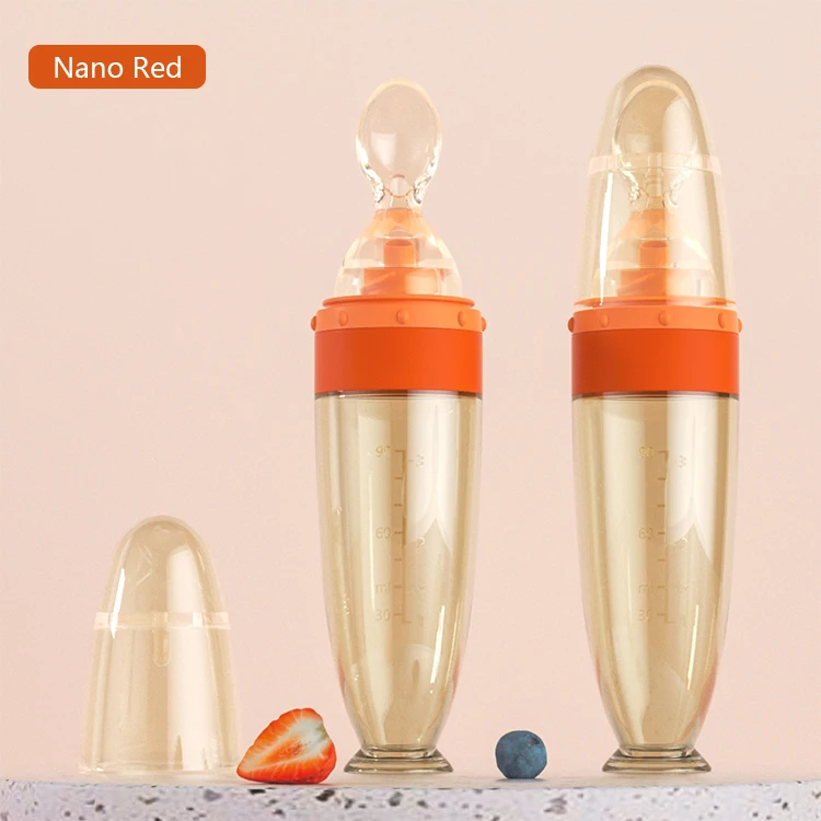 90ml BPA Free Infant Baby Rice Paste Fruit Vegetable Full Silicone Squeeze Bottle Spoon Feeder