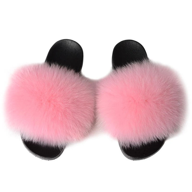 
Wholesale new style fluffy women real fox fur slides soft bedroom fur slippers 