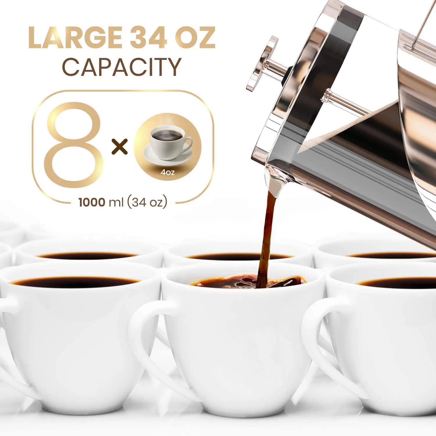 Heat Resistant Glass Coffee Maker with 4 Level Filtration System Stainless Steel French Press