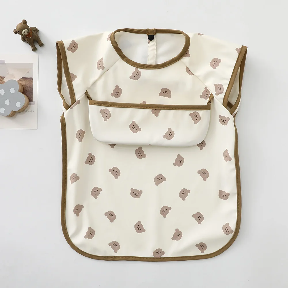 Custom Printed Solid Baby Bib Waterproof Solid Print PU Feeding Bib with Pocket short Sleeve Child Apron Smock