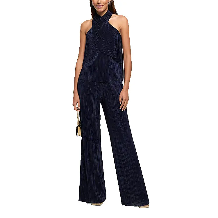 Rose Gold Plisse Halter Neck Women Tops and Bottom Set Sleeveless Layered Party Evening tank Top Blouse Elegant