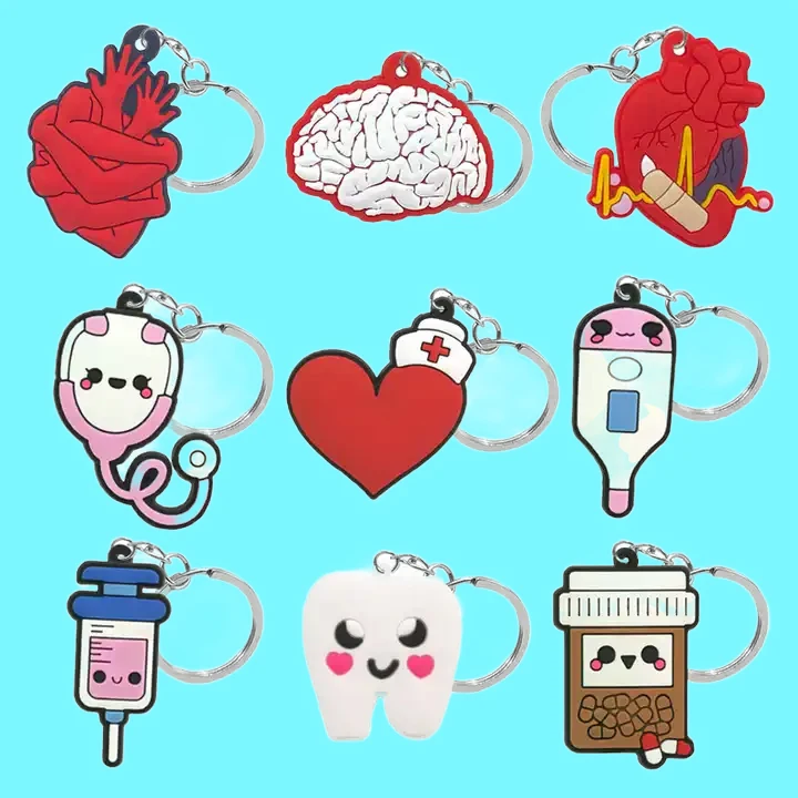 Custom 3D silicone customised soft PVC rubber keyholder kawaii cute medicine cartoon keyring medical nurse week gift keychains