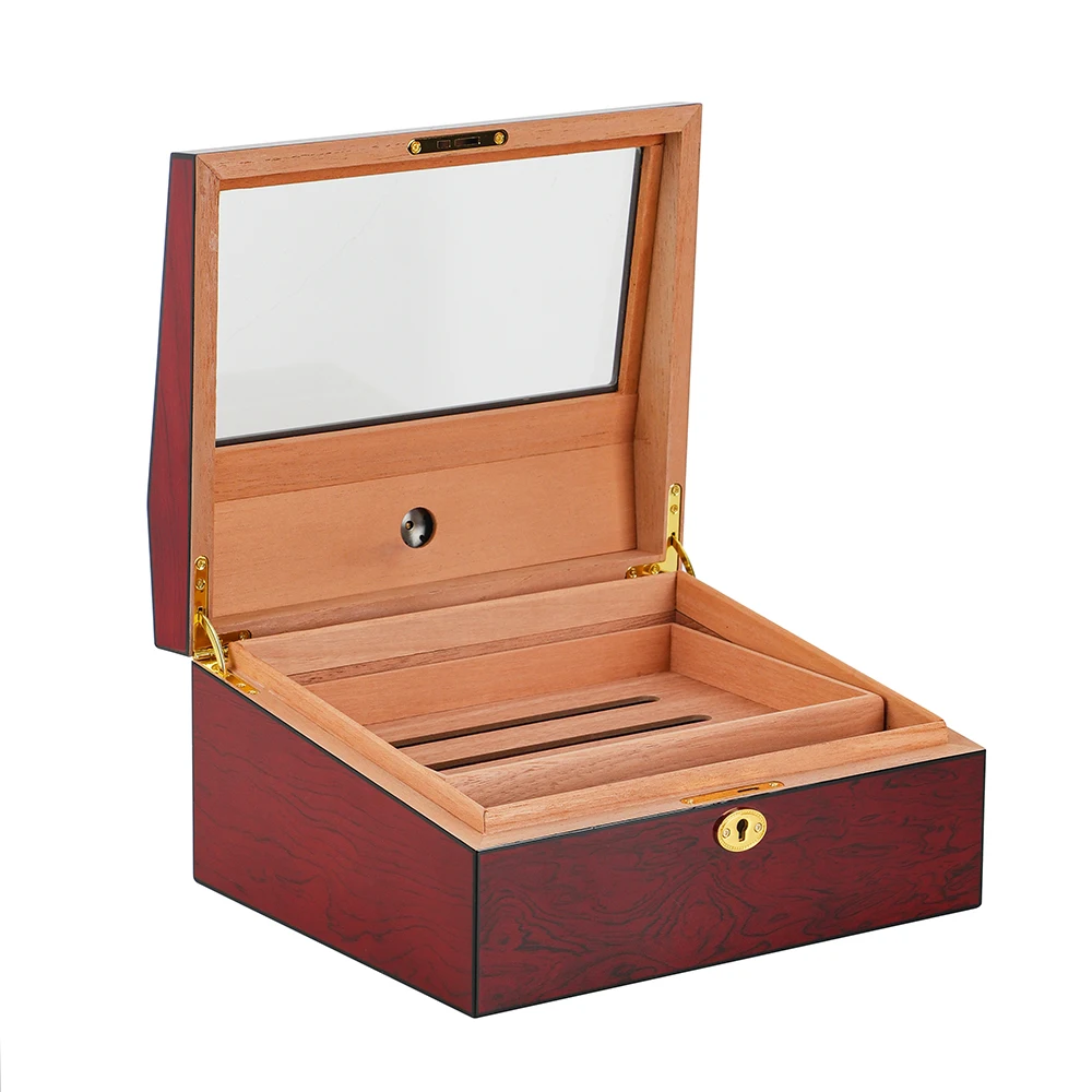 Wholesale Finest Magnetic Closure Matte Custom Gift Paper Wooden Wine Red Double Glass Top Wood Try Cigar Humidor Box