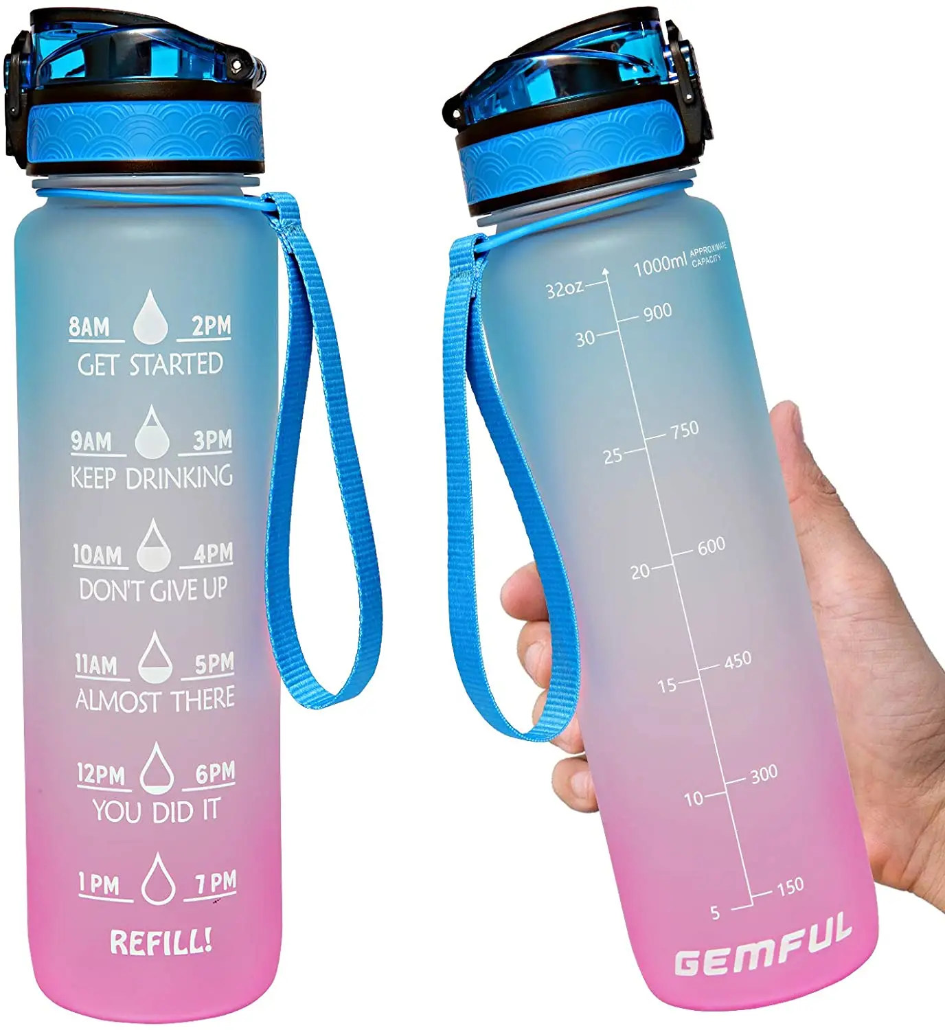 Custom Logo Insulated Sport Straw Strainer Tritan 1L Plastic Water Bottles with Time Marker