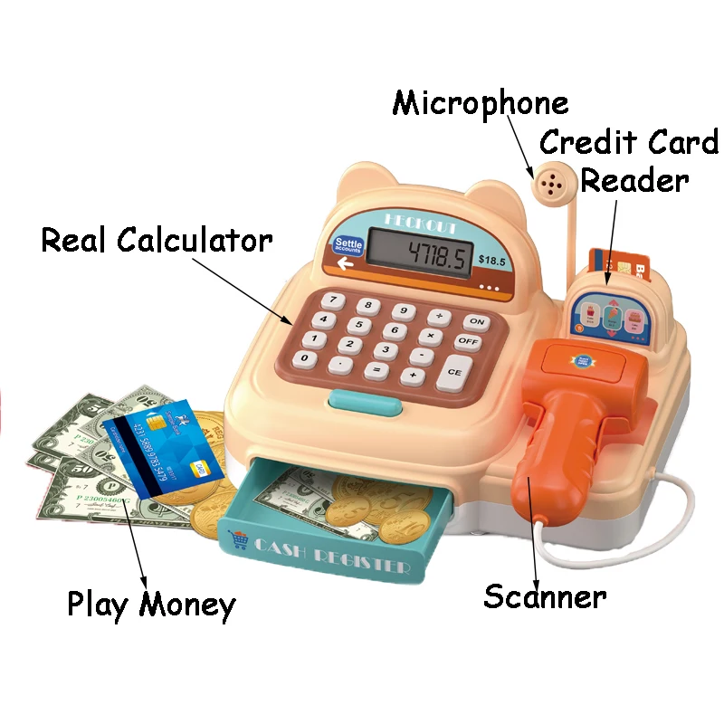QS OEM ODM Educational Toy Kids Pretend Play  Real Calculator Cash Register Toy With Music Scanner Credit Card Reader Microphone
