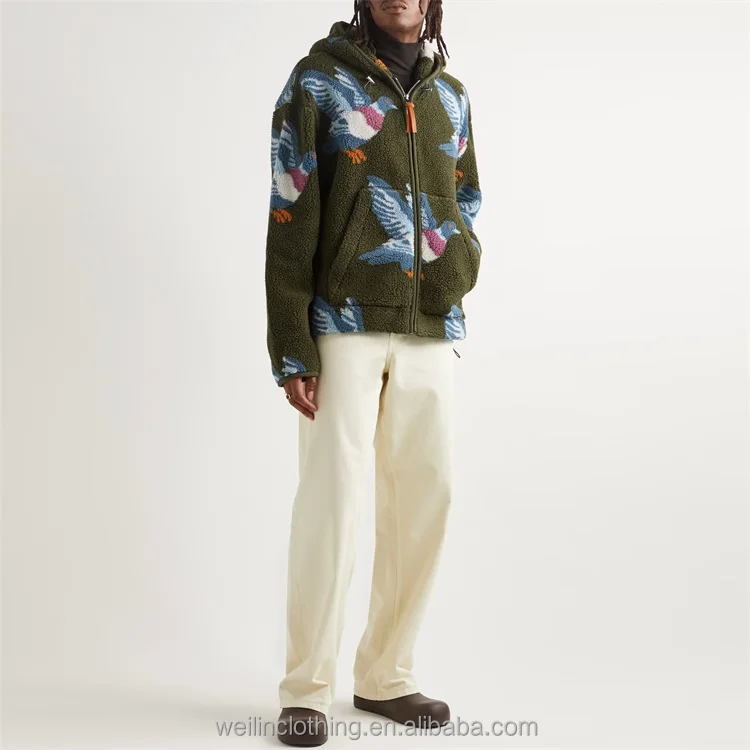 Custom full zipper up jacquard weave sherpa fleece hoodie for men