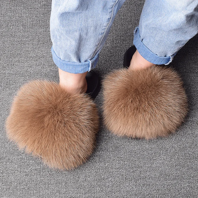 Женские меховые шлепанцы, домашние сандалии с пушистым мехом лисы, енота, сланцы, 2021