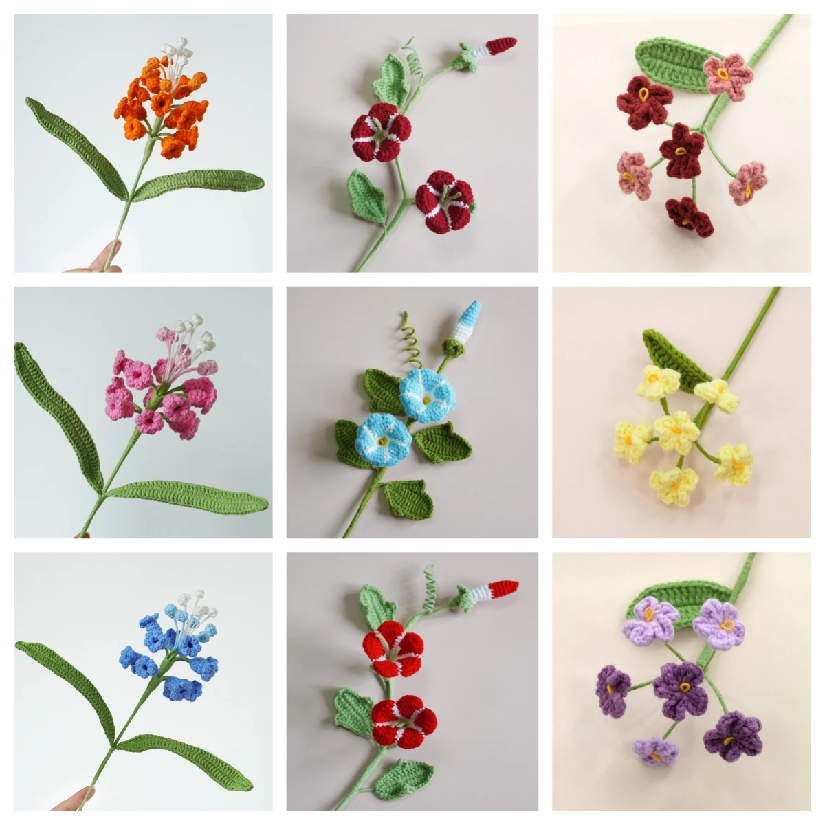 Multi Style Artificial Flower Wool Finished Products Crochet Single Flower Stem Forget me not Morning Glory Hand Knitted Flower
