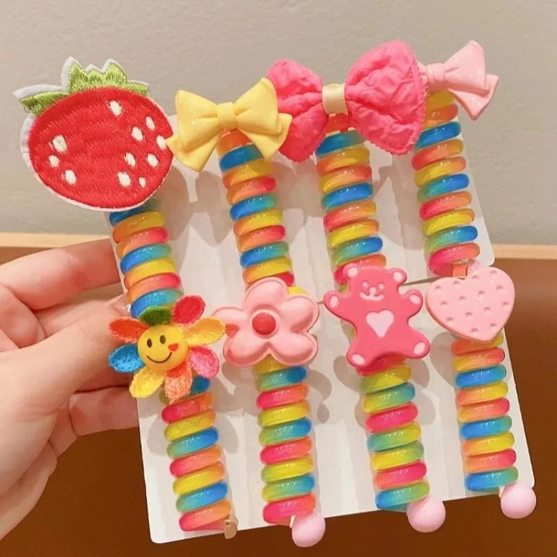 IFOND 2023 Hot Sale Candy Color Pectin Curly Phone Line Hair Ties Cute Cartoon Strawberries Bow High Elastic Hair Ties For Kids