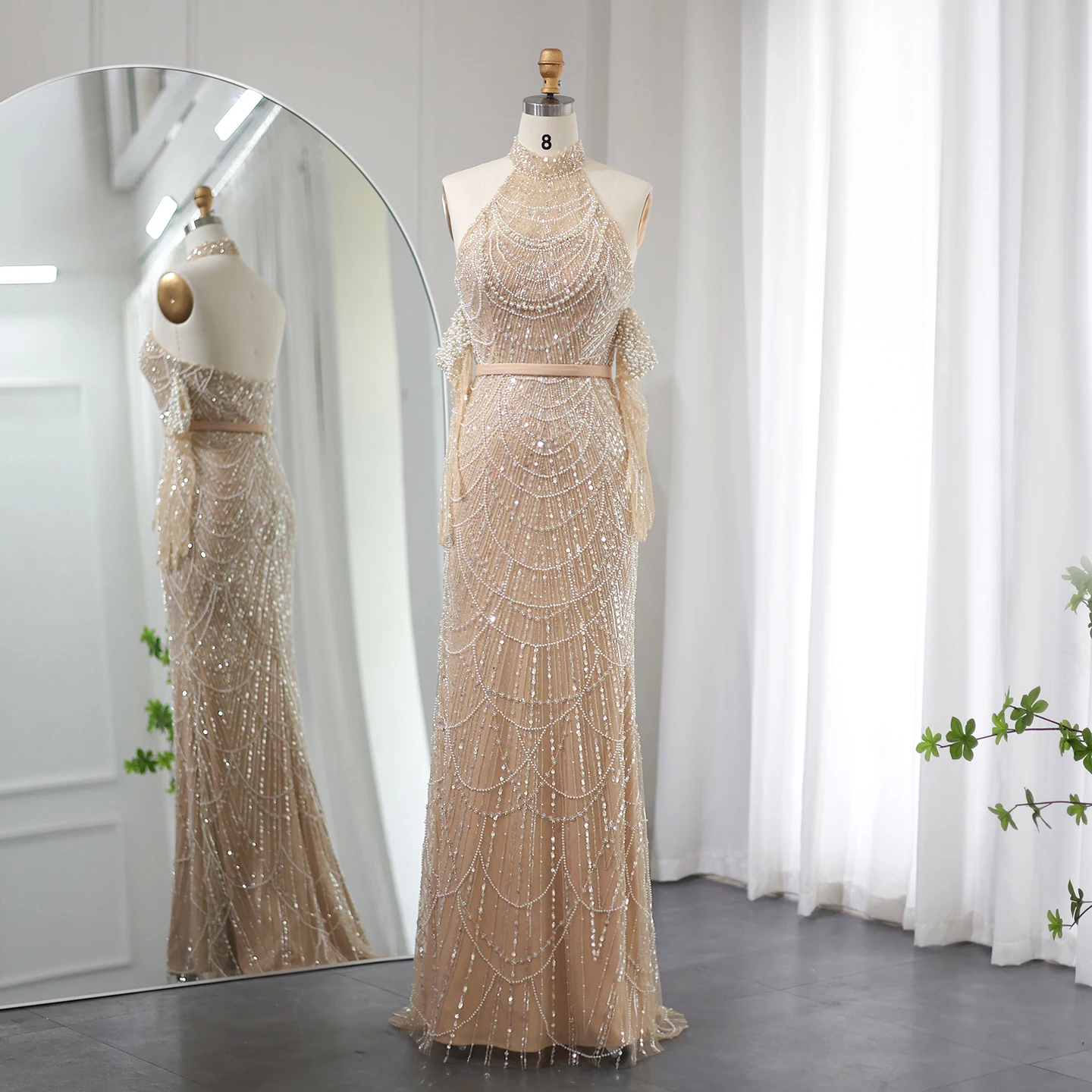 Luxury Dubai Nude Mermaid Evening Dresses  2023 Sexy Halter Arabic Women Wedding Formal Party Gowns Sz289-2