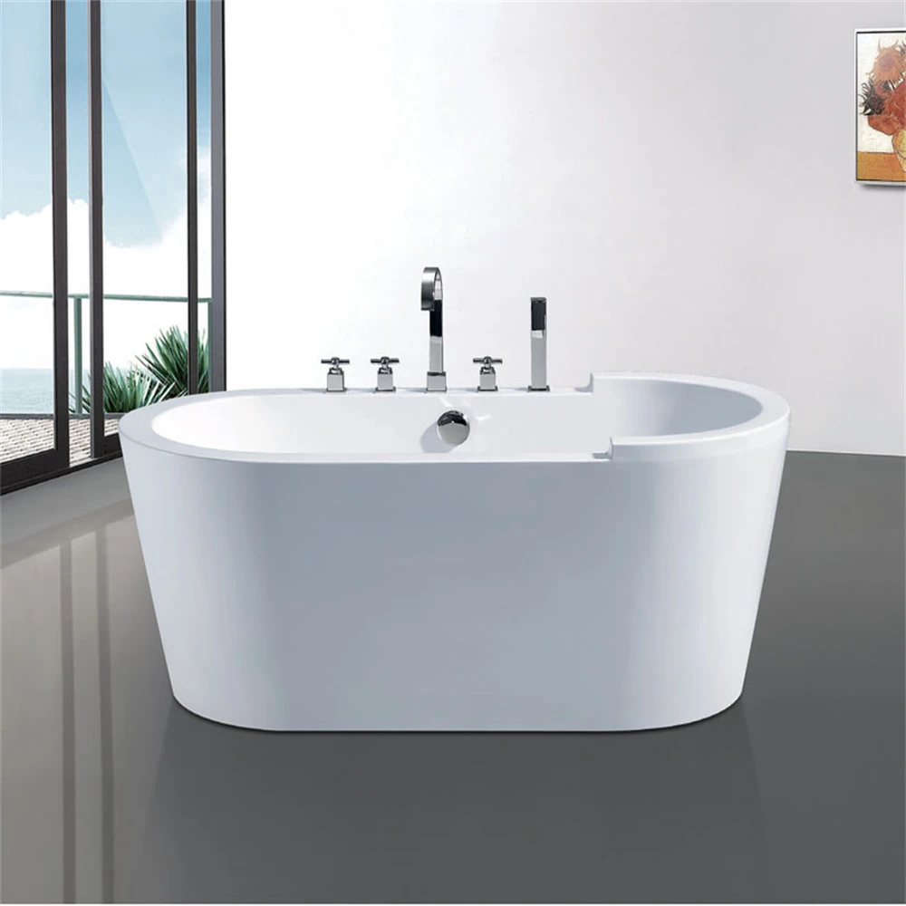 Modern Design White Acrylic Free Standing Bathtub with Faucet Soaking Function and Massage Features for Bathroom Use