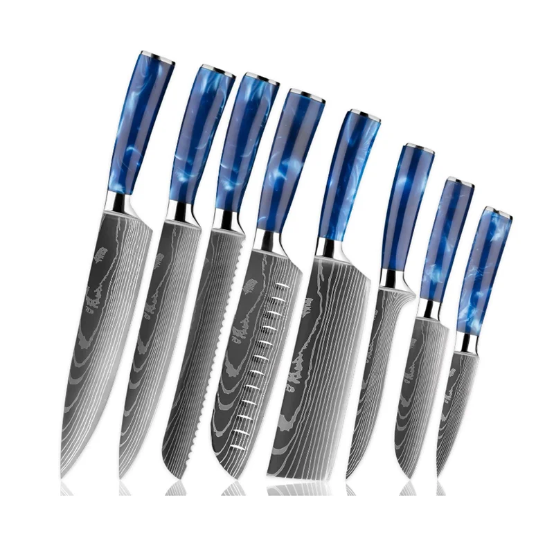 8pcs high quality carbon stainless steel ultra sharp knives set with blue resin handle for kitchen 8pcs kitchen knife set