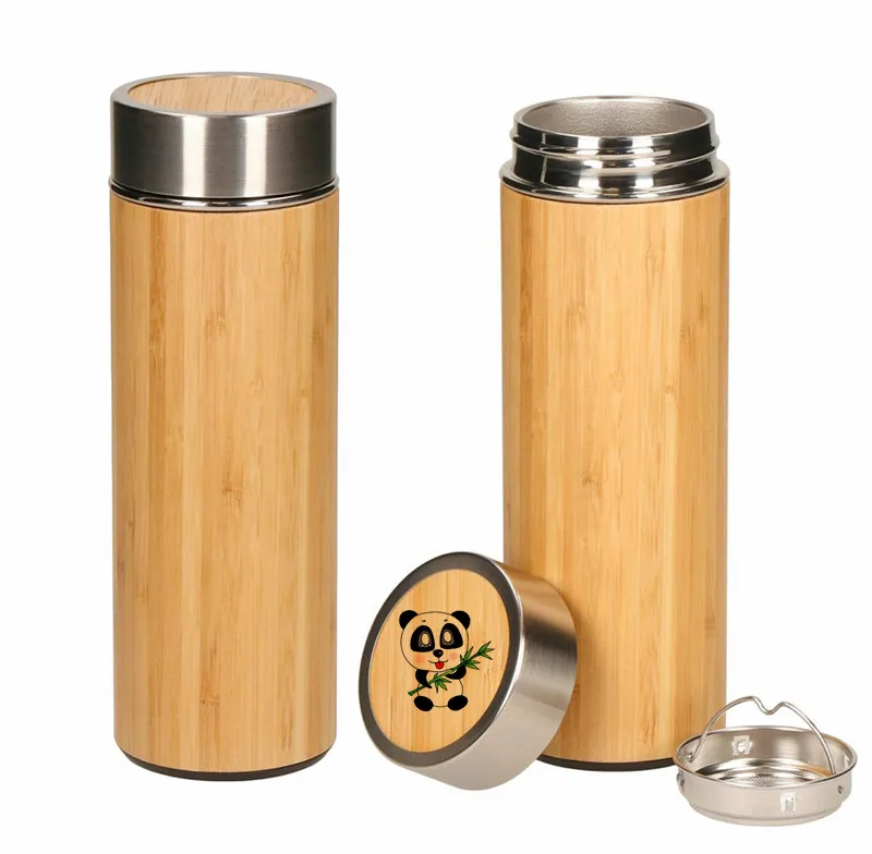 Thermos tea infuser tumbler custom bamboo cover stainless steel vacuum flask water bottle