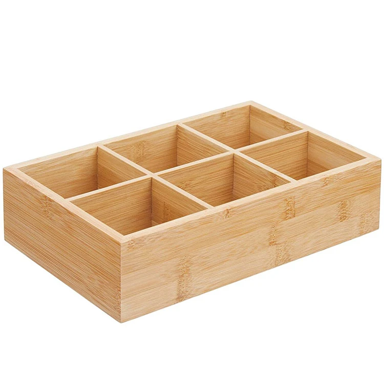 Bamboo Wood Compact Tea & Food Storage Organizer Bin Box 6 Divided Sections Holder for Tea Bags, Coffee, Packets, Sugar
